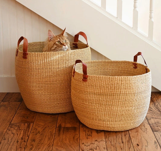 Bolgatanga Storage Basket, Leather Handles, 2 Size Options