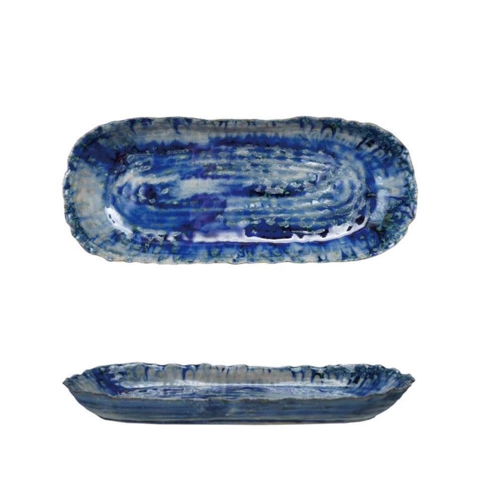 Oval Blue Serving Plate, Stoneware, Reactive Glaze, 13"