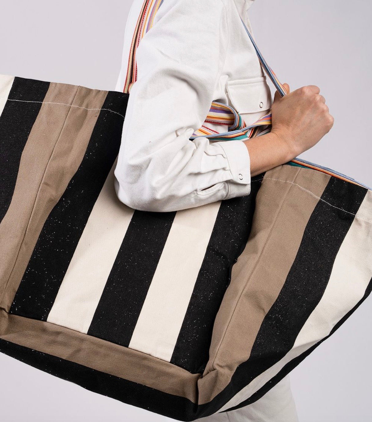 Carthage Stripe Taupe XXL Tote Bag, Classic French Stripe Cotton
