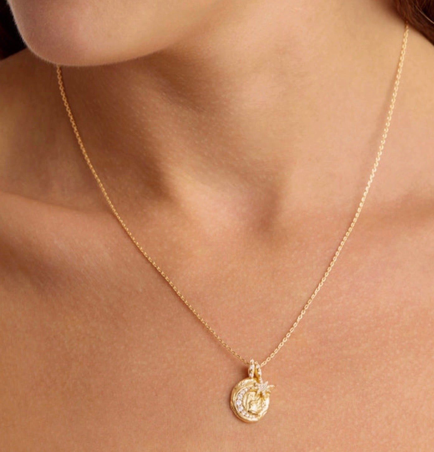 Luna Moon Goddess and Star Talisman Necklace - 14k Gold Plated