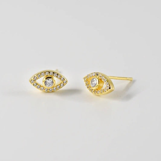 Minimalist Evil Eye CZ Stud Earrings - Gold or White Rhodium