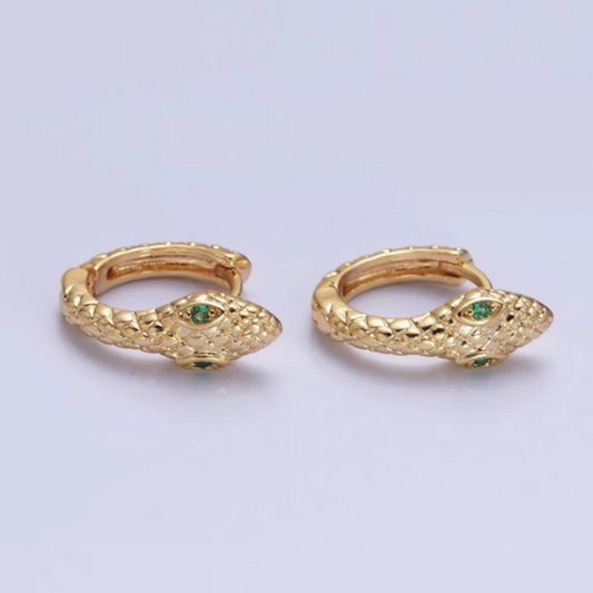 Super Mini Snake Huggie Hoops with Green Eyes, 14K Gold Filled, Made in LA