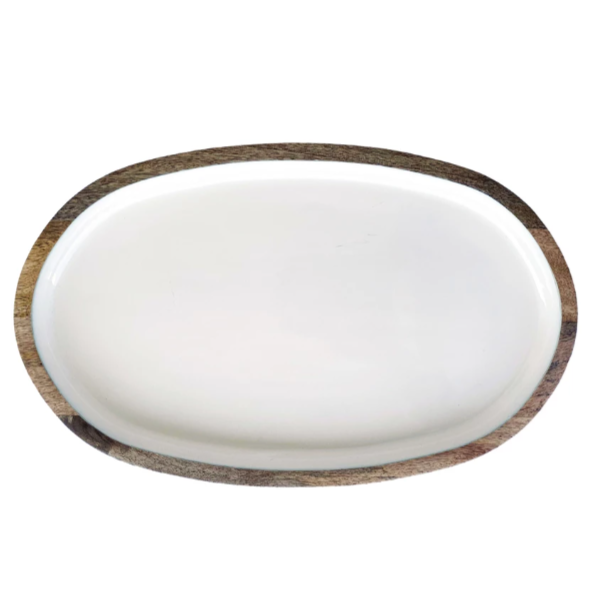 White Enamel Oval Tray 18" x 11", Mango Wood