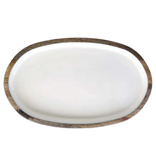 White Enamel Oval Tray 18" x 11", Mango Wood