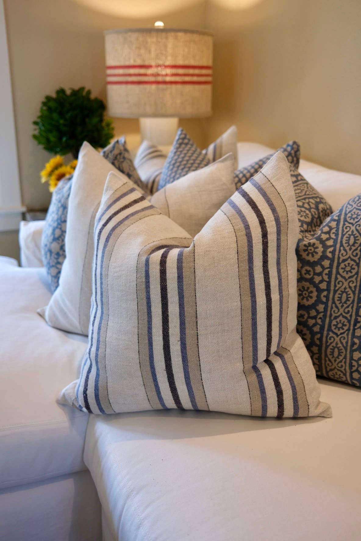 Antwerp Small Stripe Cushion Cover Natural and Blue 22"x 22"