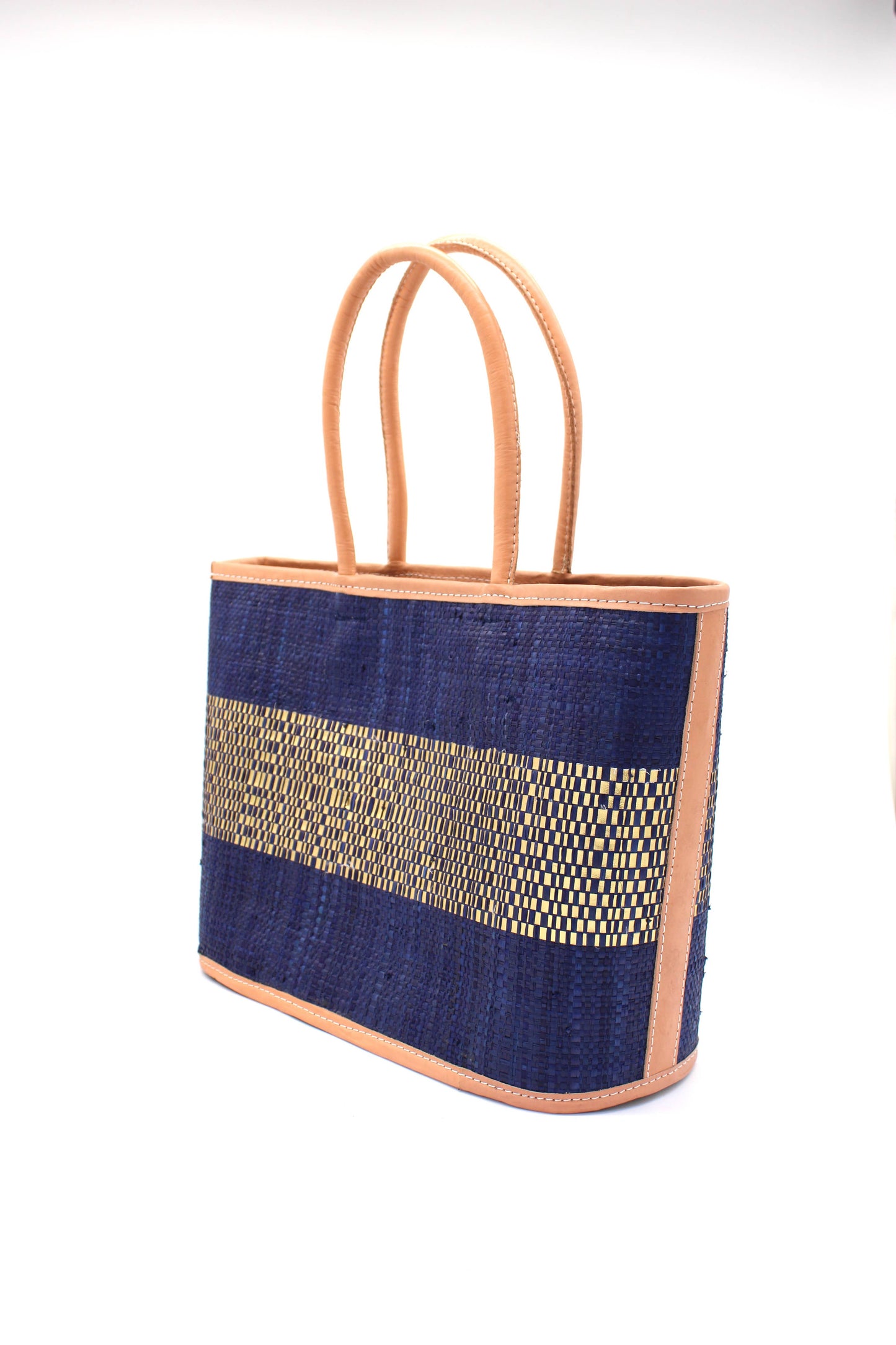 Small Straw Tote Handbag with Metallic Detail; Designed In California, Made in Madagascar