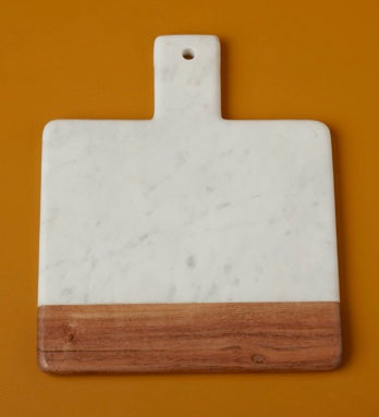 White Marble & Acacia Wood Square Handled Board 11" x 9"